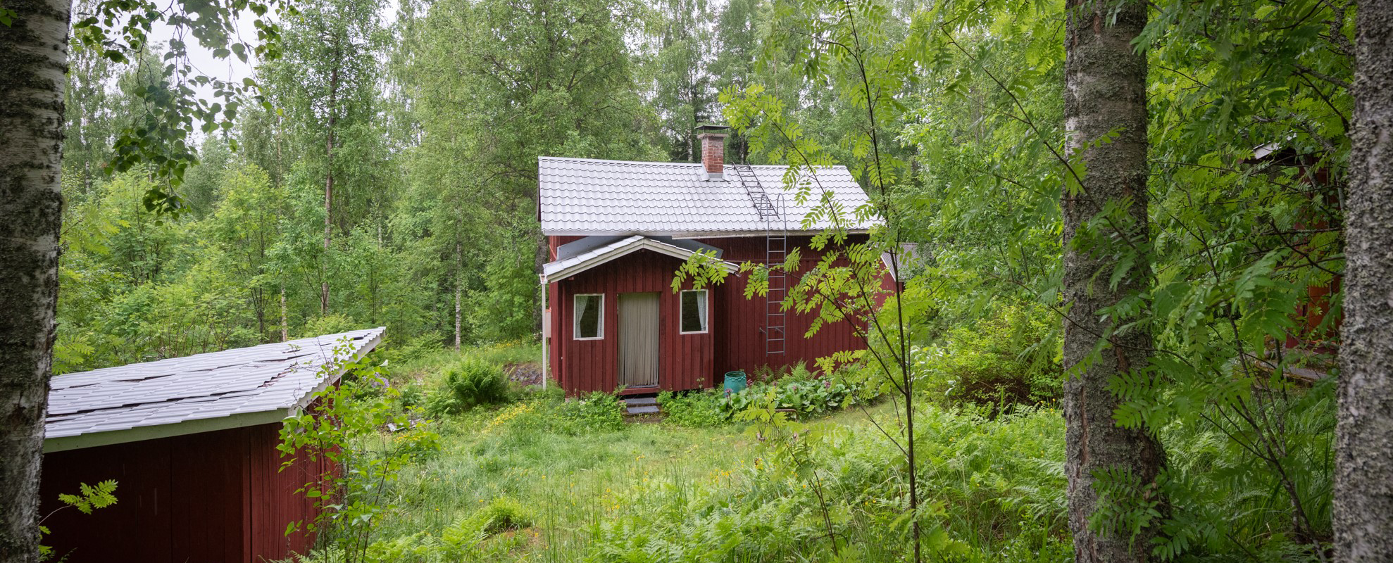 Rinnetontti, vasemmalla puuliiteri, keskellä mökki, oikella " naapurin silmiltä piilossa sauna" 